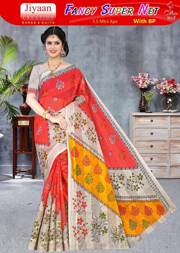 Jiyaan Fancy Super Net Cotton Designer Saree Collection